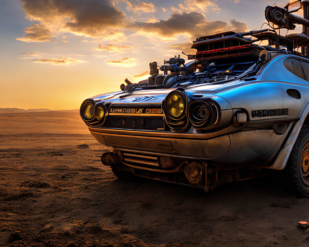 Modified vintage car in desert at sunset with post-apocalyptic theme