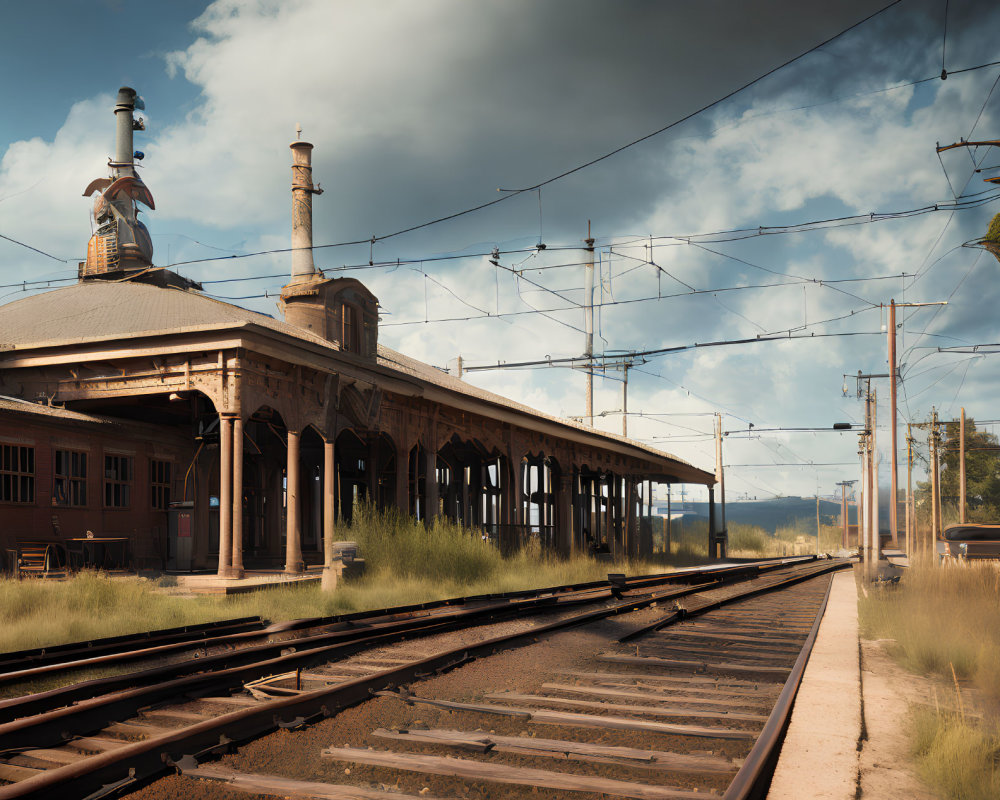 Weathered train station with multiple tracks and electrical lines against blue sky