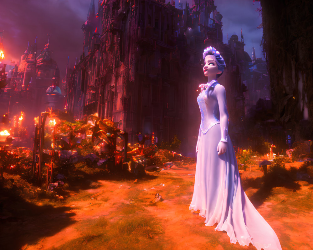 Pale-Skinned Female 3D Animated Character in Gloomy Fantasy Landscape