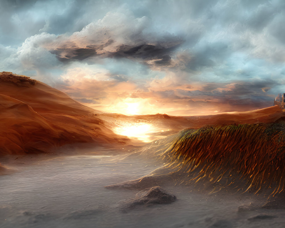 Fantastical landscape with castle, dramatic sky, desert sunset, and flowing river