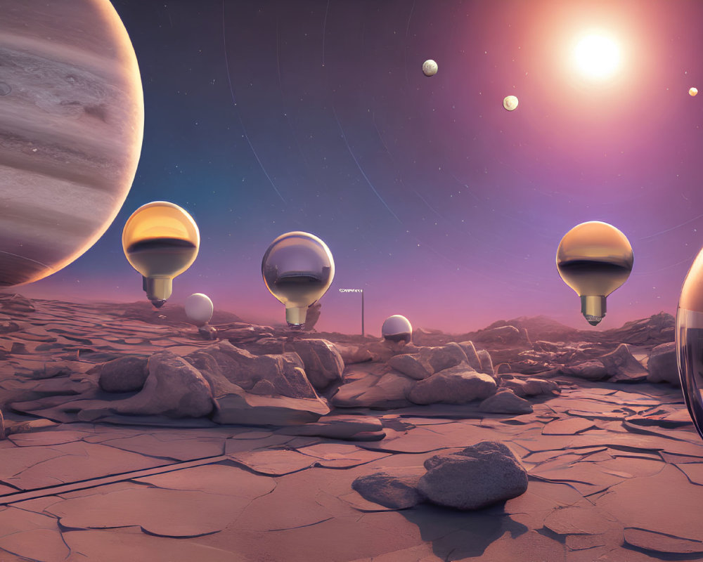 Surreal landscape with floating mirrored spheres and multiple celestial bodies