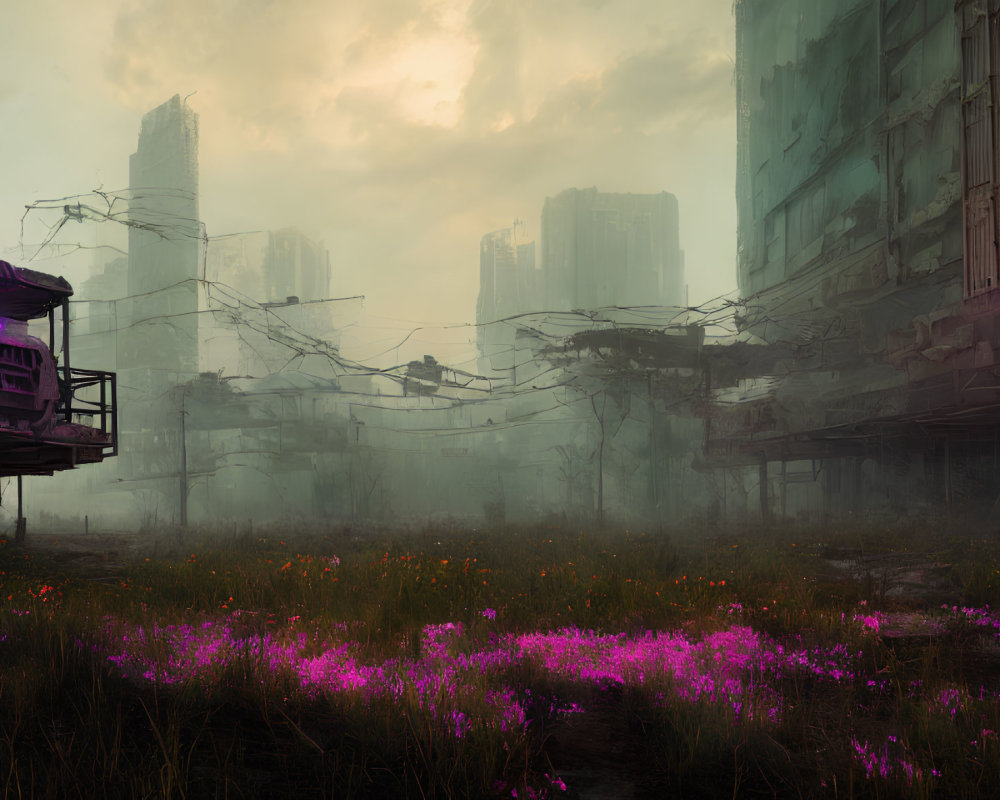 Post-apocalyptic cityscape with overgrown wildflowers and derelict buildings