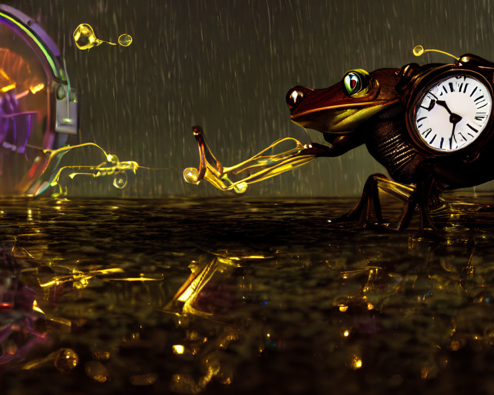 Surreal mechanical frog illustration in rainy scene with colorful portal and clock elements