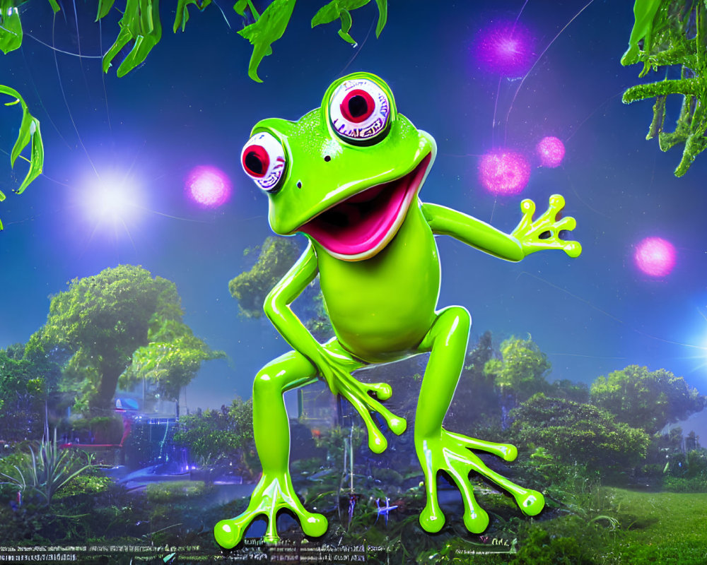 Colorful anthropomorphic green frog artwork under starry night sky in lush foliage