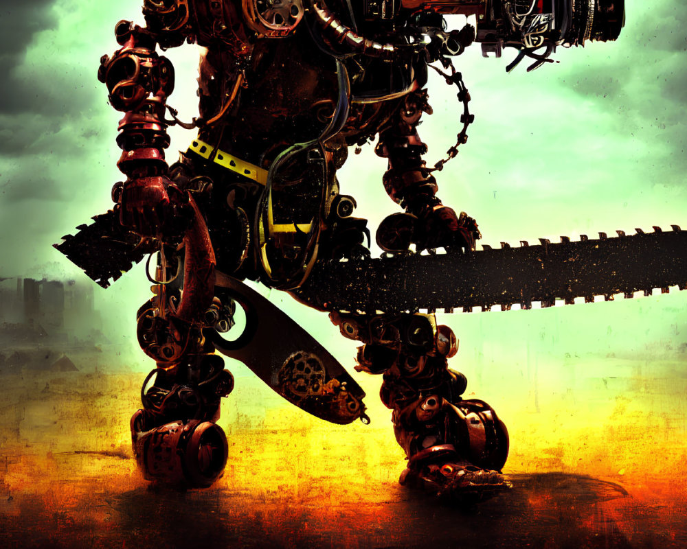 Detailed futuristic robot with chainsaw arm in dystopian cityscape