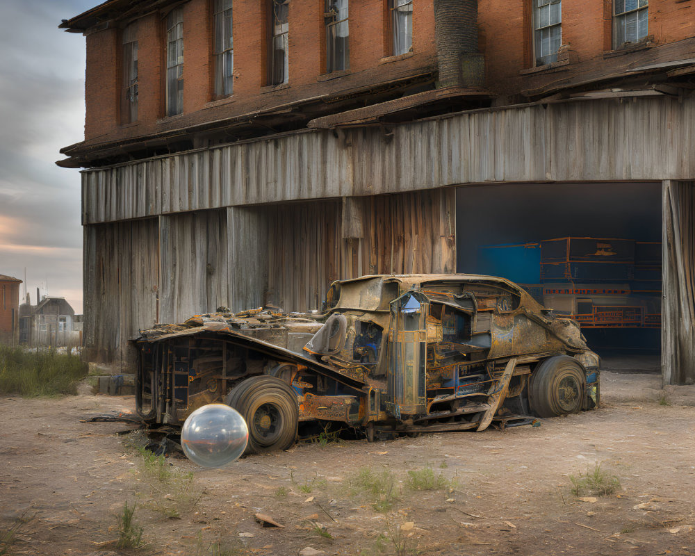 Abandoned rusty truck and bubble object outside rundown building
