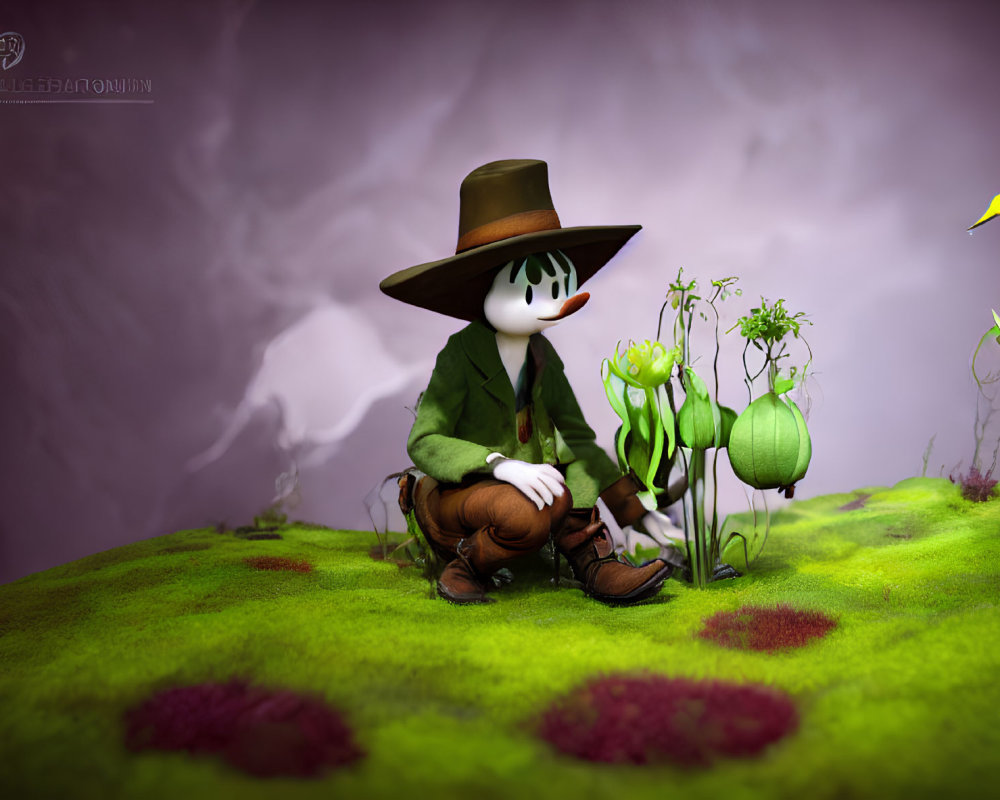 Stylized character with white mask and hat on green hill with yellow creature peeking.