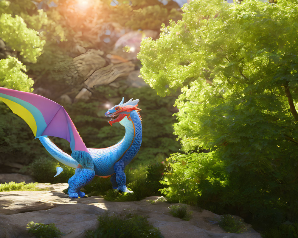 Colorful Dragon with Wings on Rocky Outcrop in Forest