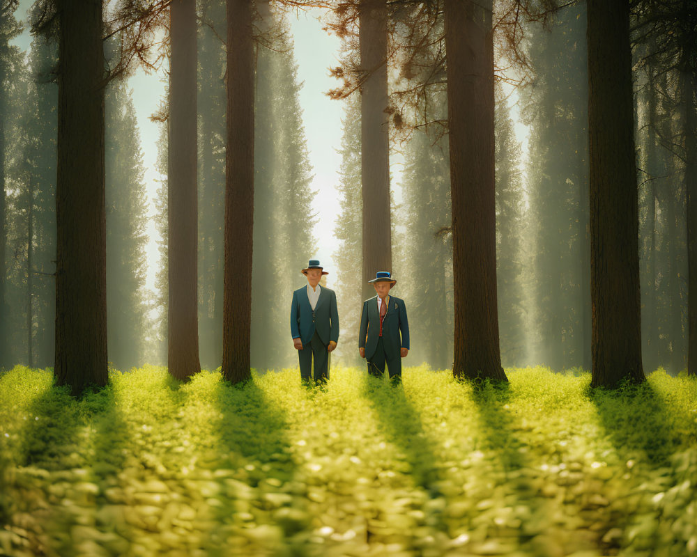 Two individuals in suits walking in a sunlit forest with tall trees and lush greenery