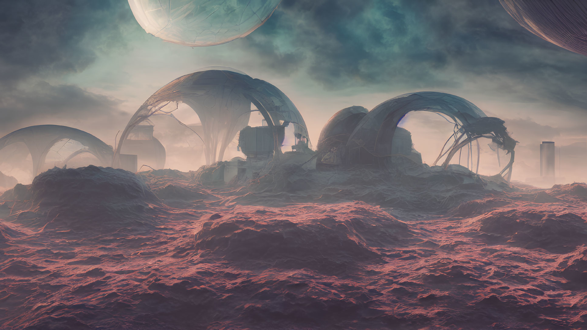 Alien settlement with dome structures on barren rocky landscape