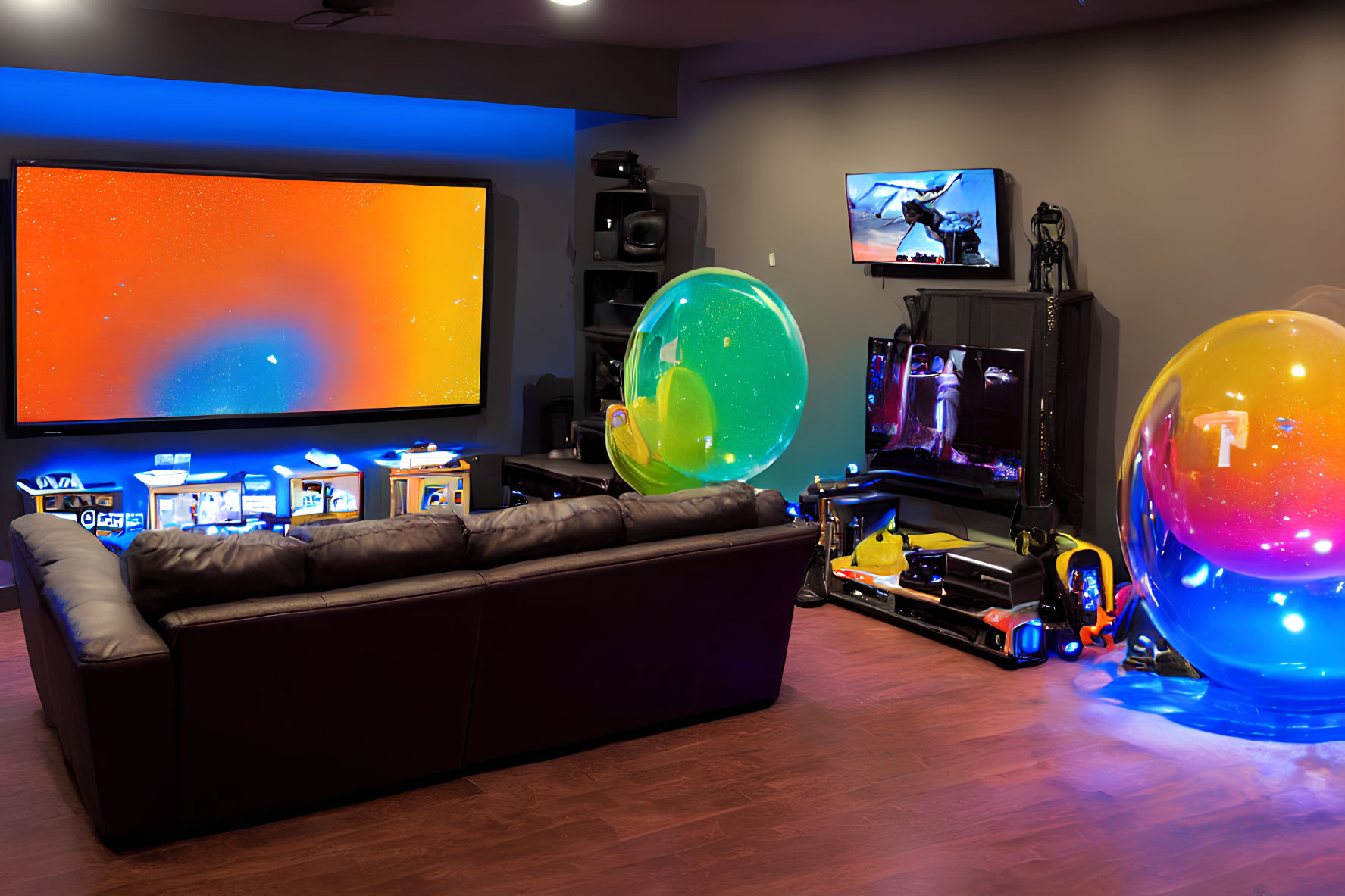 Spacious home entertainment room with large TV, colorful lighting, gaming setup, and unique balloon decor