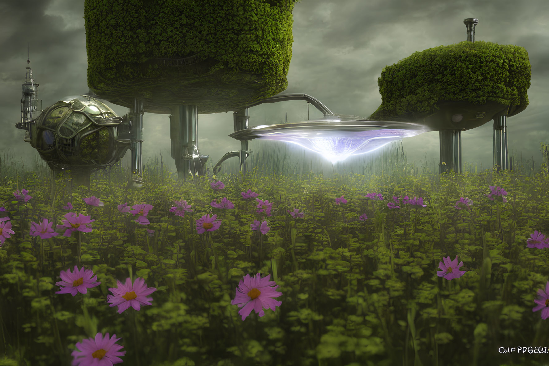 Futuristic floating structures over purple flower field with spaceship landing