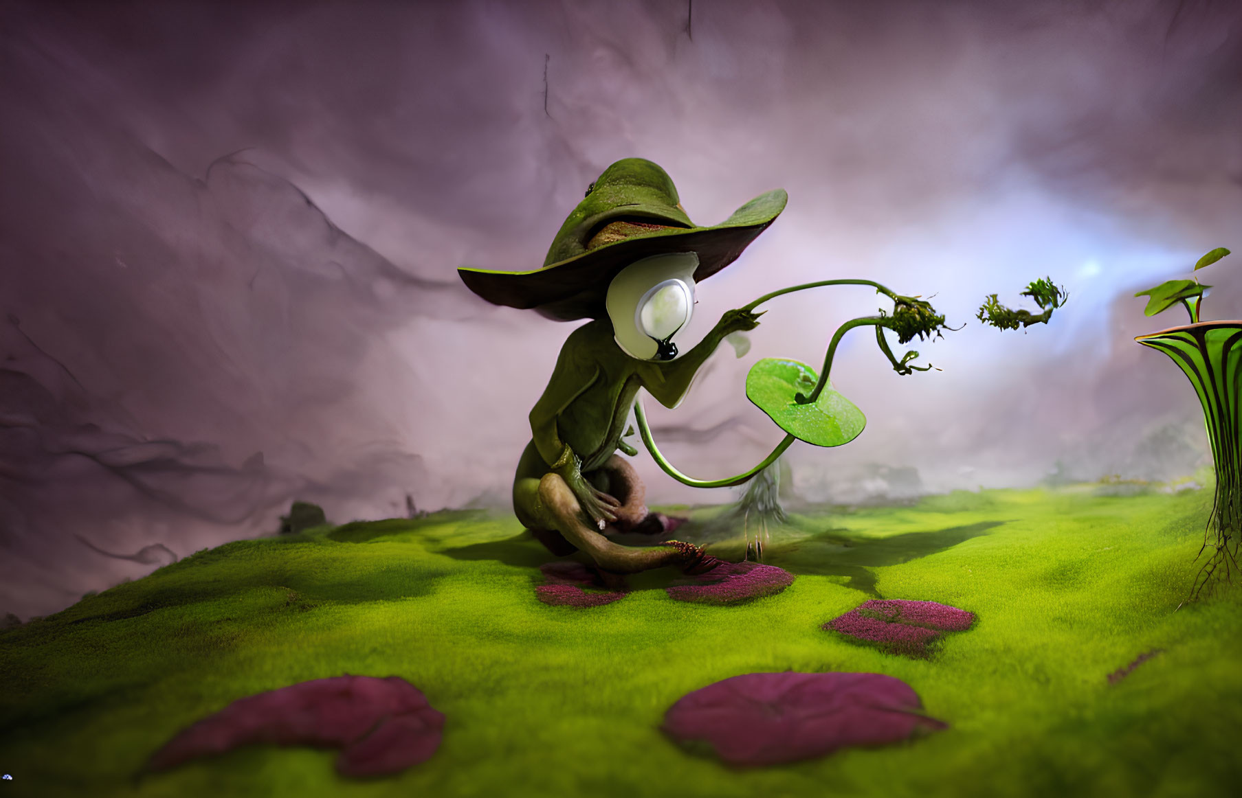 Illustration of mystical green creature with hat and lantern casting spell on blooming flower