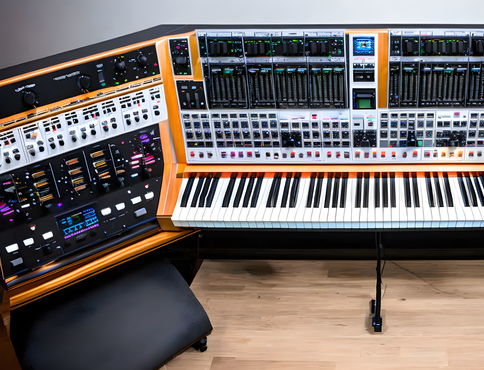 Studio setup with synthesizer, keyboard, and audio mixing modules