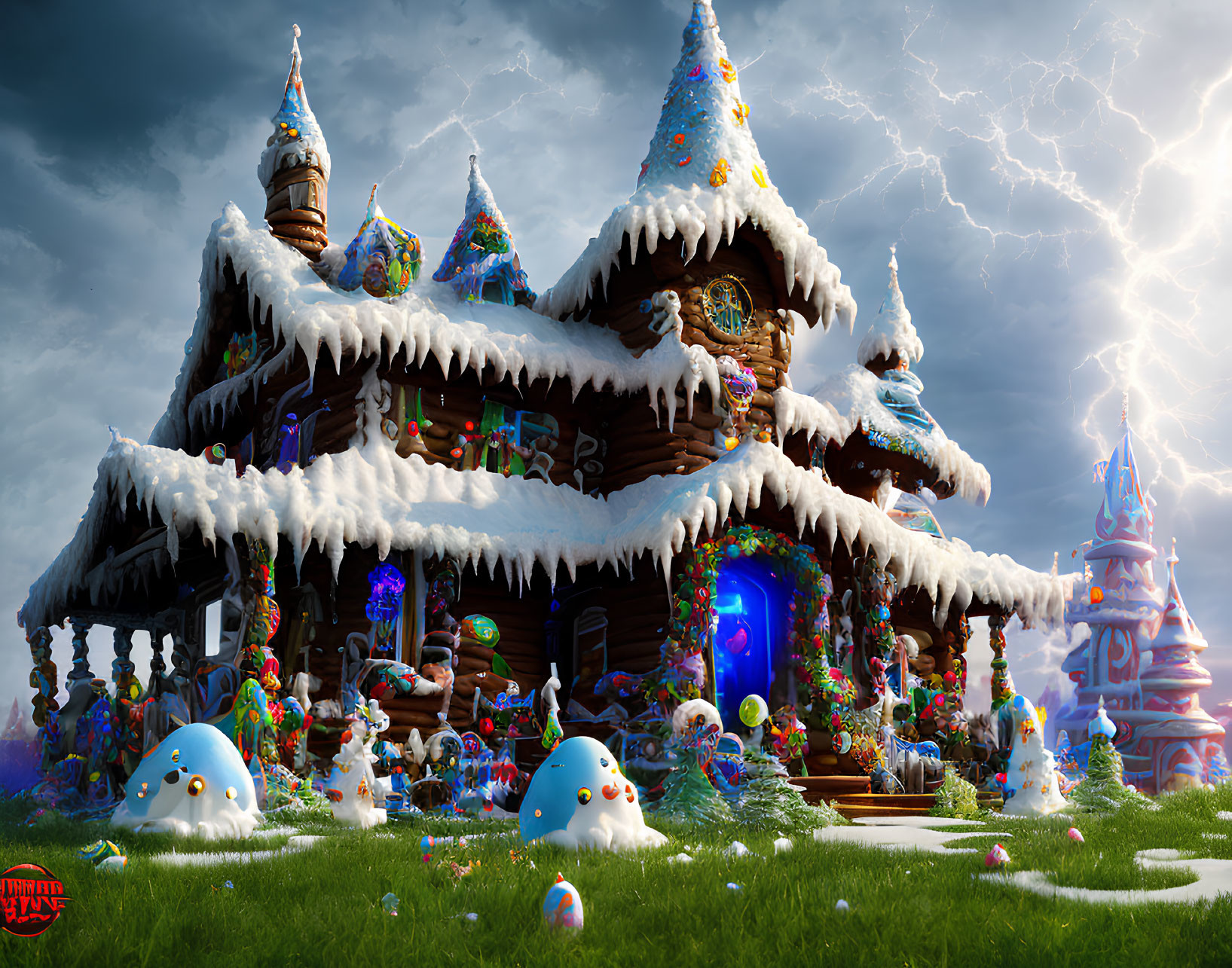 Whimsical gingerbread house in snowy landscape with candy canes and stormy sky