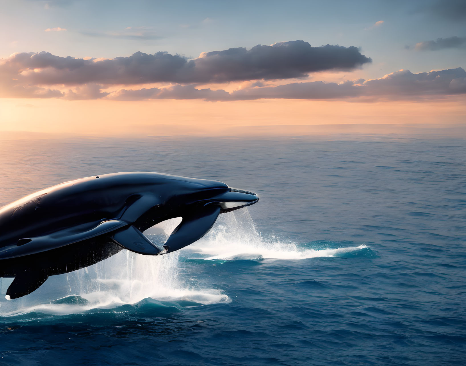 Orca whale leaping in sunset sky with frozen water droplets