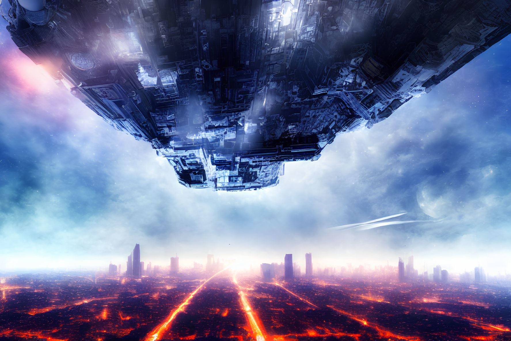 Gigantic spaceship over dystopian city with fiery streaks and blue sky