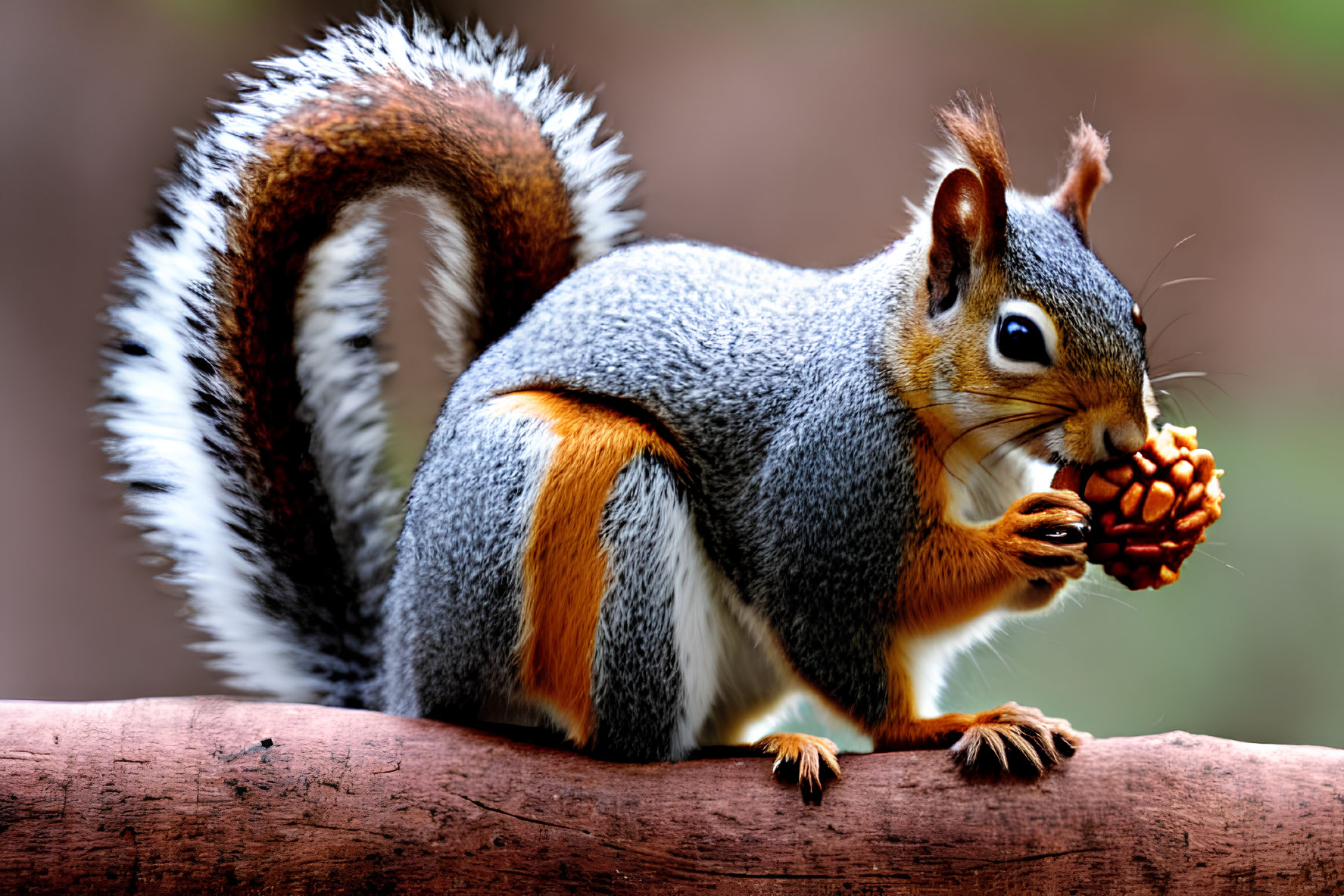 Bushy-tailed squirrel holding pine cone on wooden surface