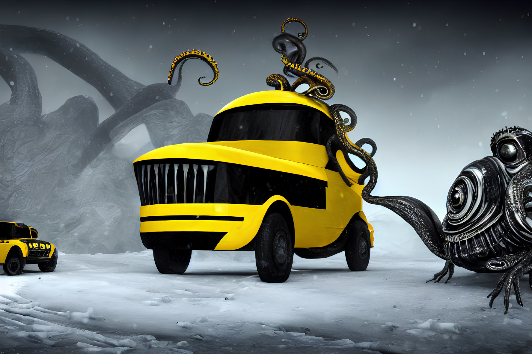 Yellow-and-black tentacled vehicle in surreal snowy landscape.
