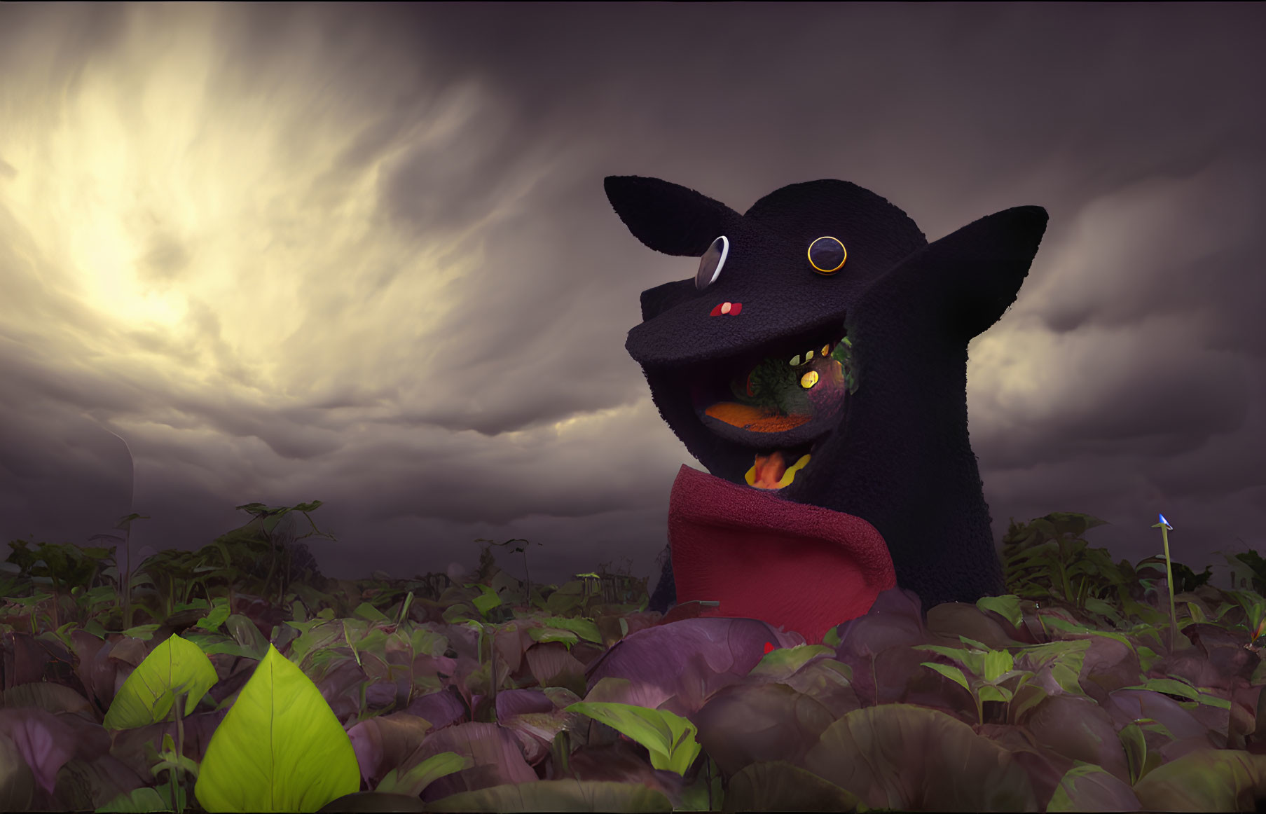 Black Cartoon Creature in Moody Garden with Stormy Sky