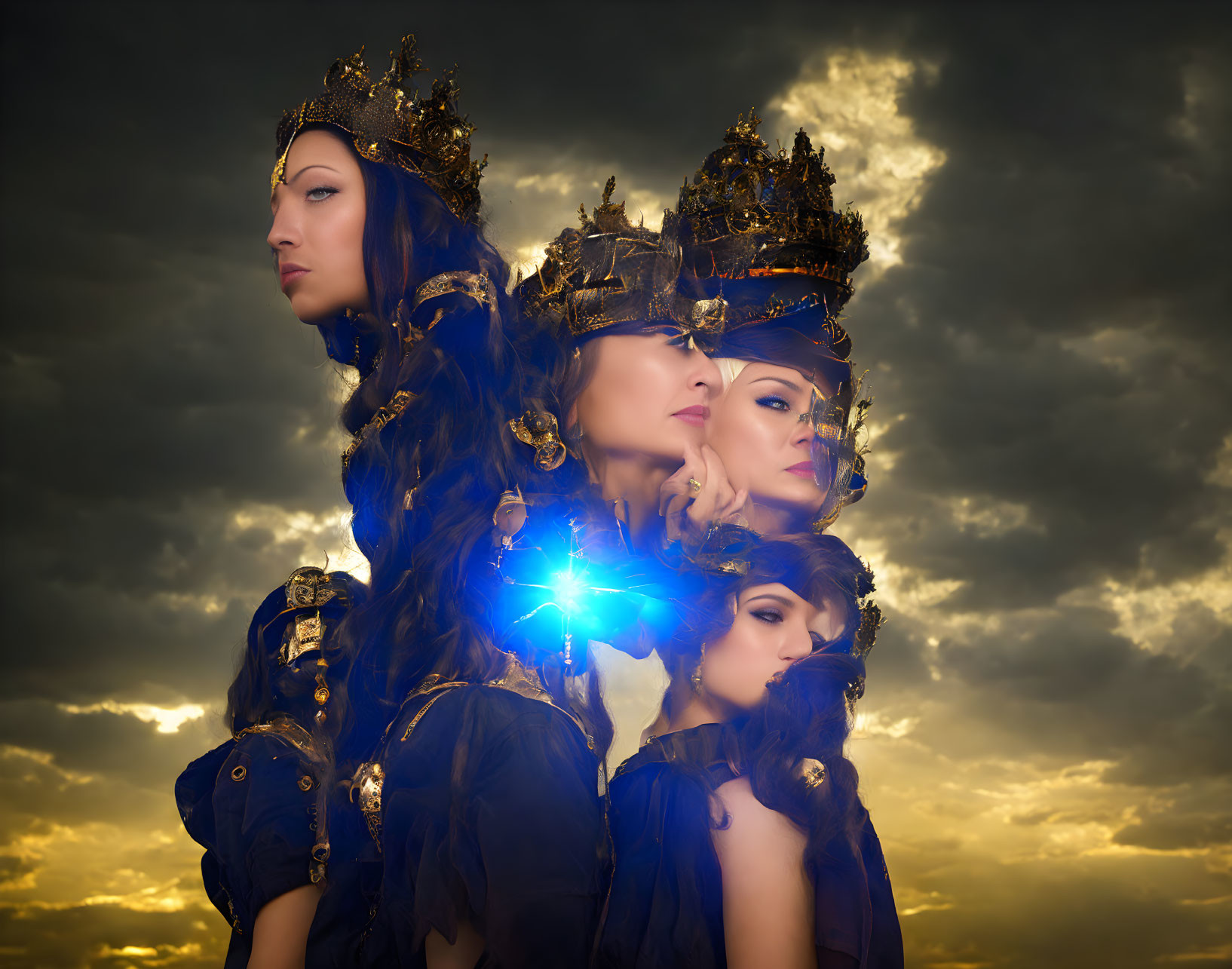 Four women in ornate crowns and blue robes under a mystical sky with a glowing blue orb.