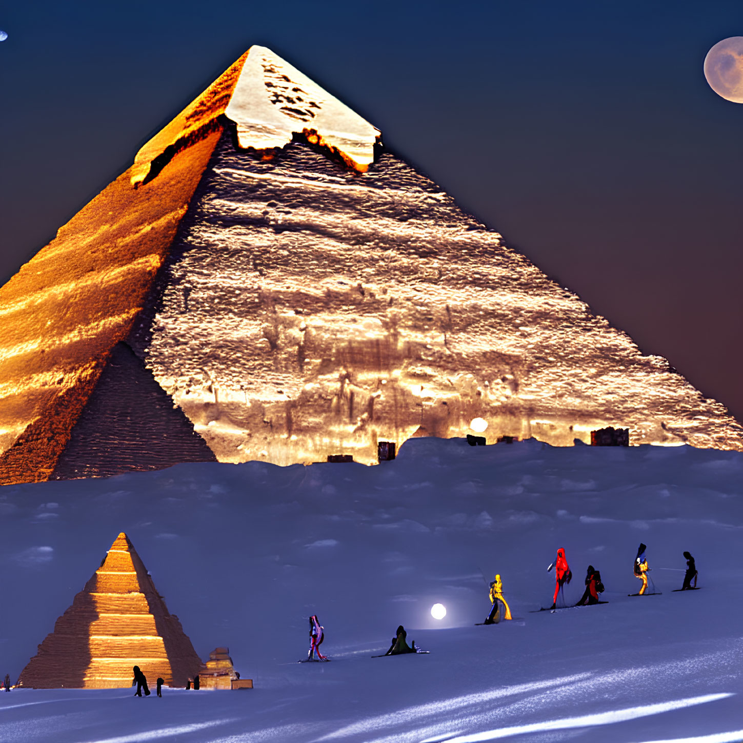 Composite image of Great Pyramid of Giza in snowy landscape with night trekkers