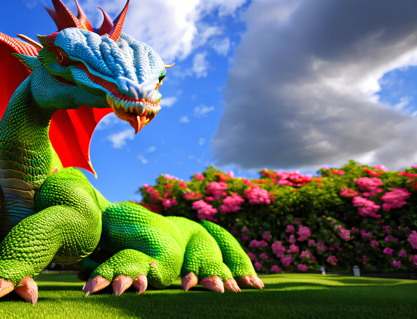 Colorful Dragon with Red Wings in Sunny Garden