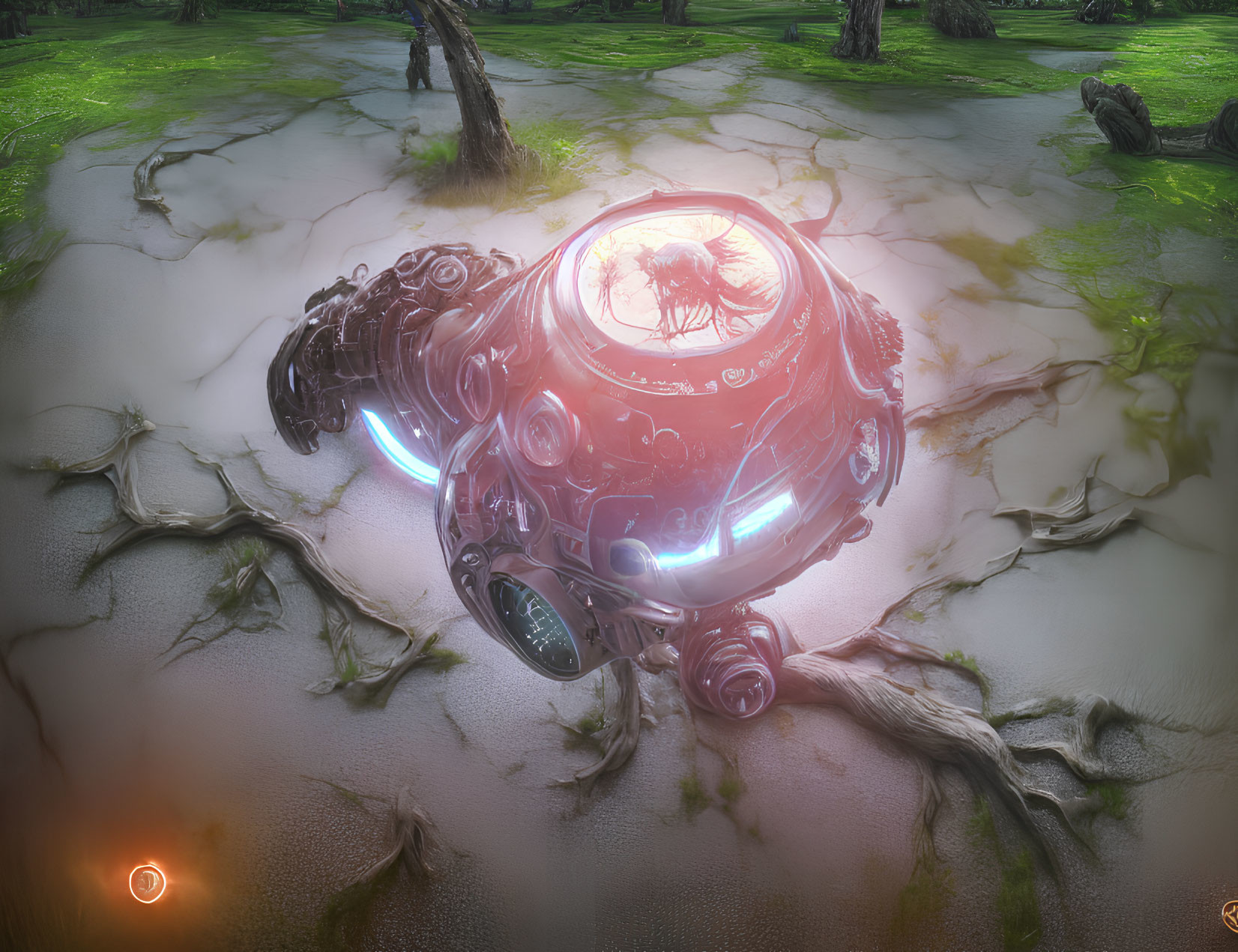 Futuristic spherical robot hovering over cracked ground in sci-fi landscape