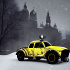 Whimsical cartoon character driving yellow vintage car in surreal landscape