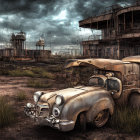 Derelict Dystopian Cityscape with Overgrown Flora and Old Vehicles