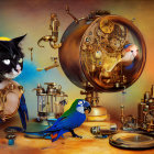 Surreal digital artwork: anthropomorphic frogs with steampunk gadgets