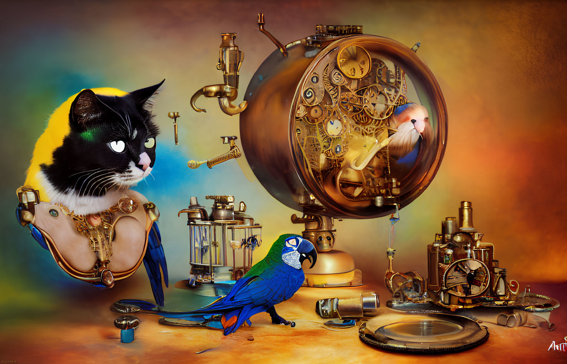 Whimsical artwork of tuxedo cat and parrot with steampunk apparatus