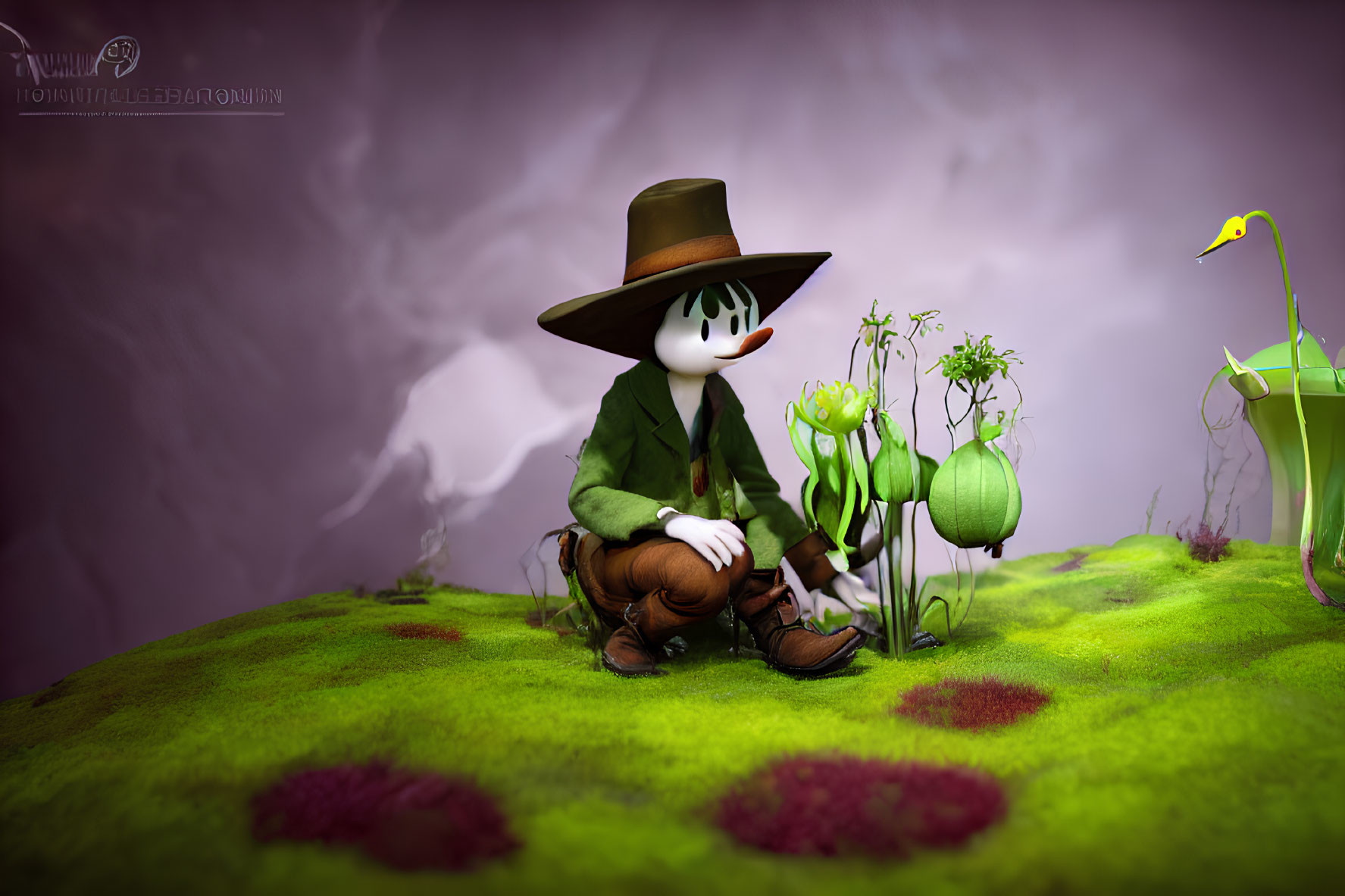 Stylized character with white mask and hat on green hill with yellow creature peeking.
