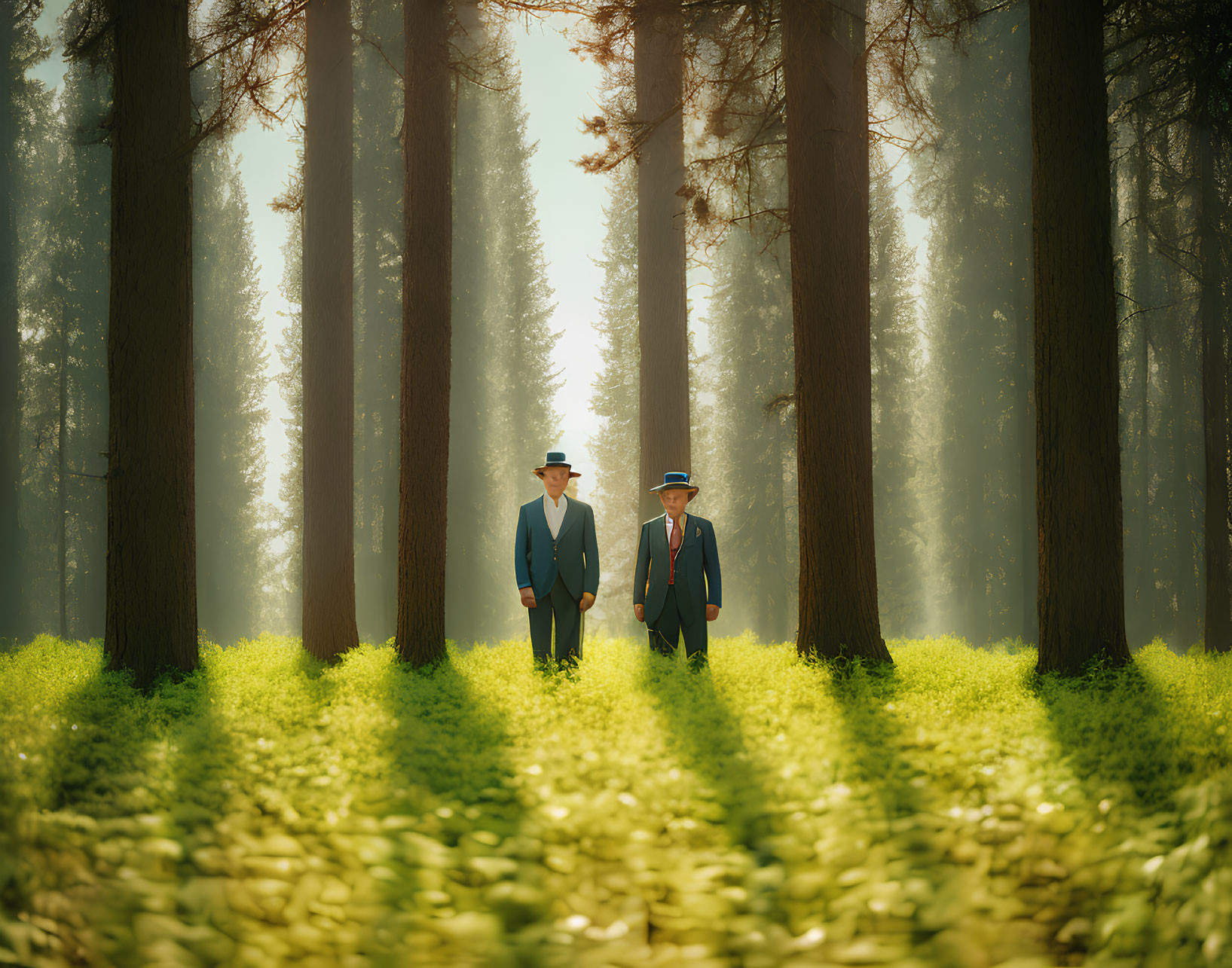 Two individuals in suits walking in a sunlit forest with tall trees and lush greenery