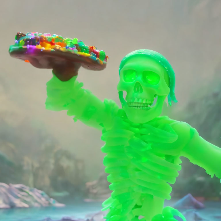 Neon green glowing skeleton with colorful food platter