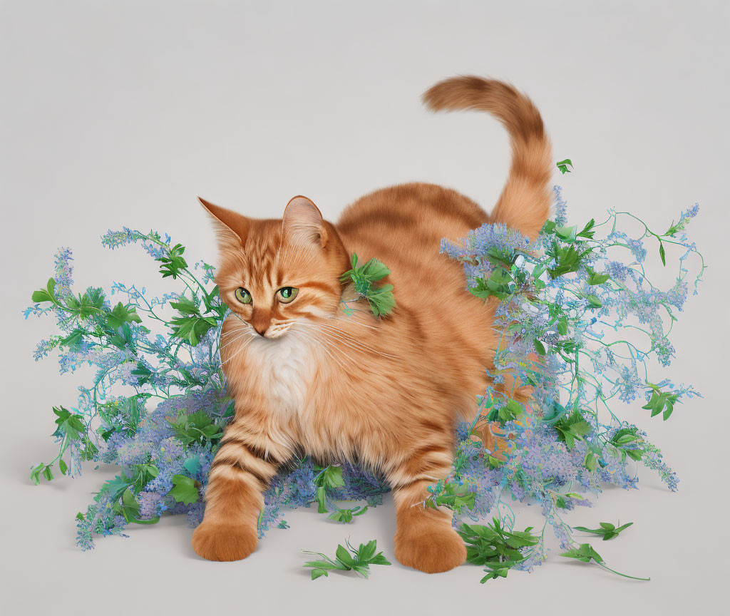 Orange Tabby Cat with Green Eyes Among Blue Flowers and Greenery