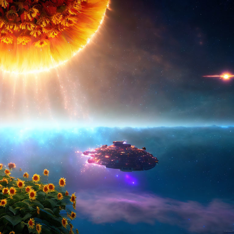 Sci-fi scene: sunflower field, solar flares, UFO in starry sky
