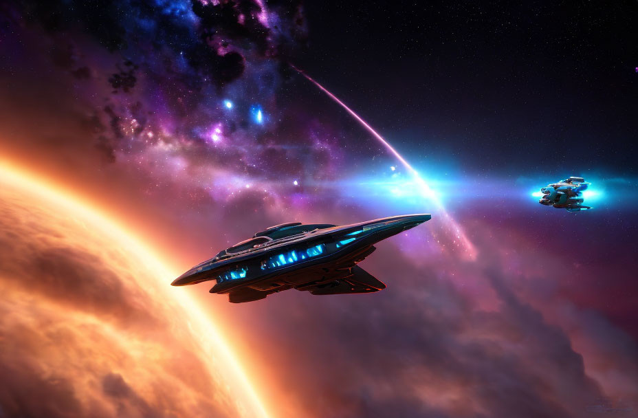 Futuristic spacecrafts near vibrant celestial body with colorful nebula.