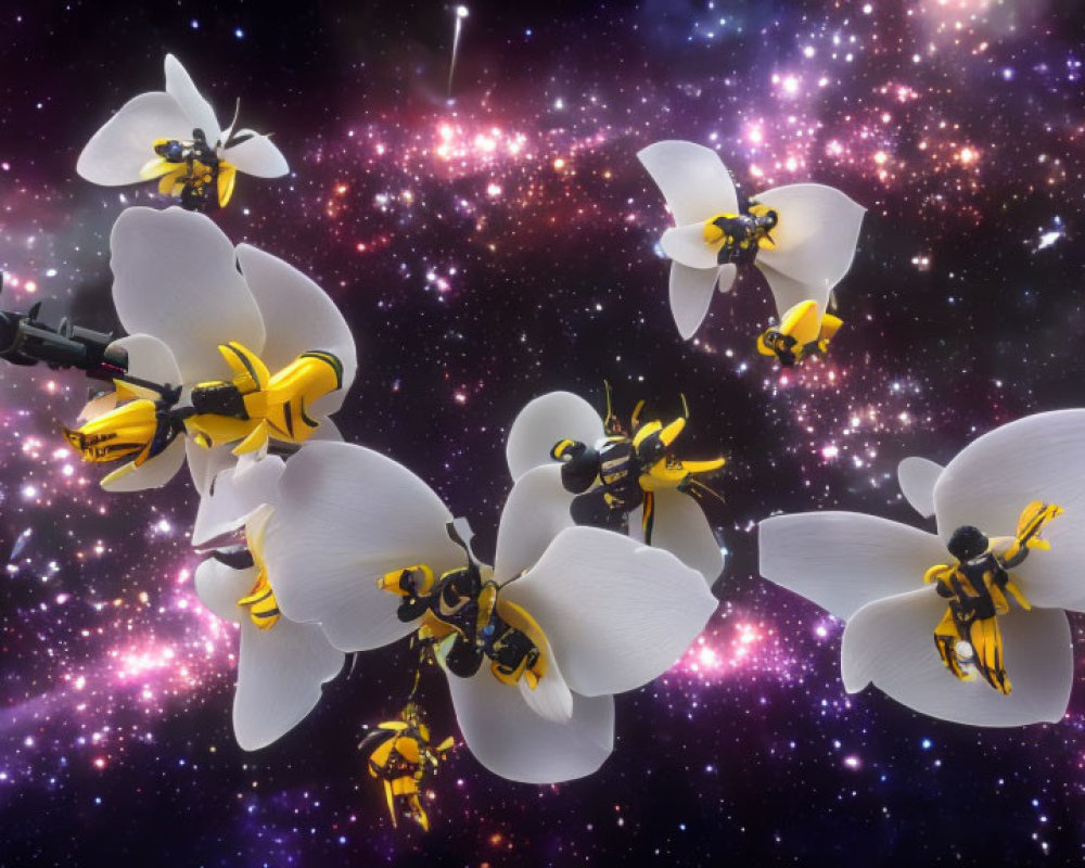 Artificial White Orchids Cluster with Bees on Cosmic Background
