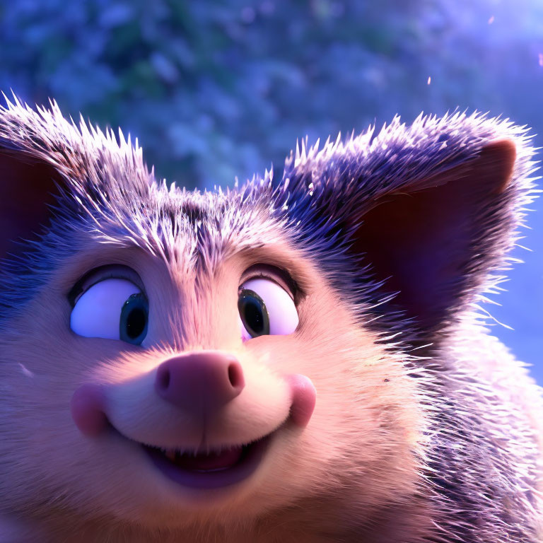Smiling animated hedgehog with bright eyes in purple background