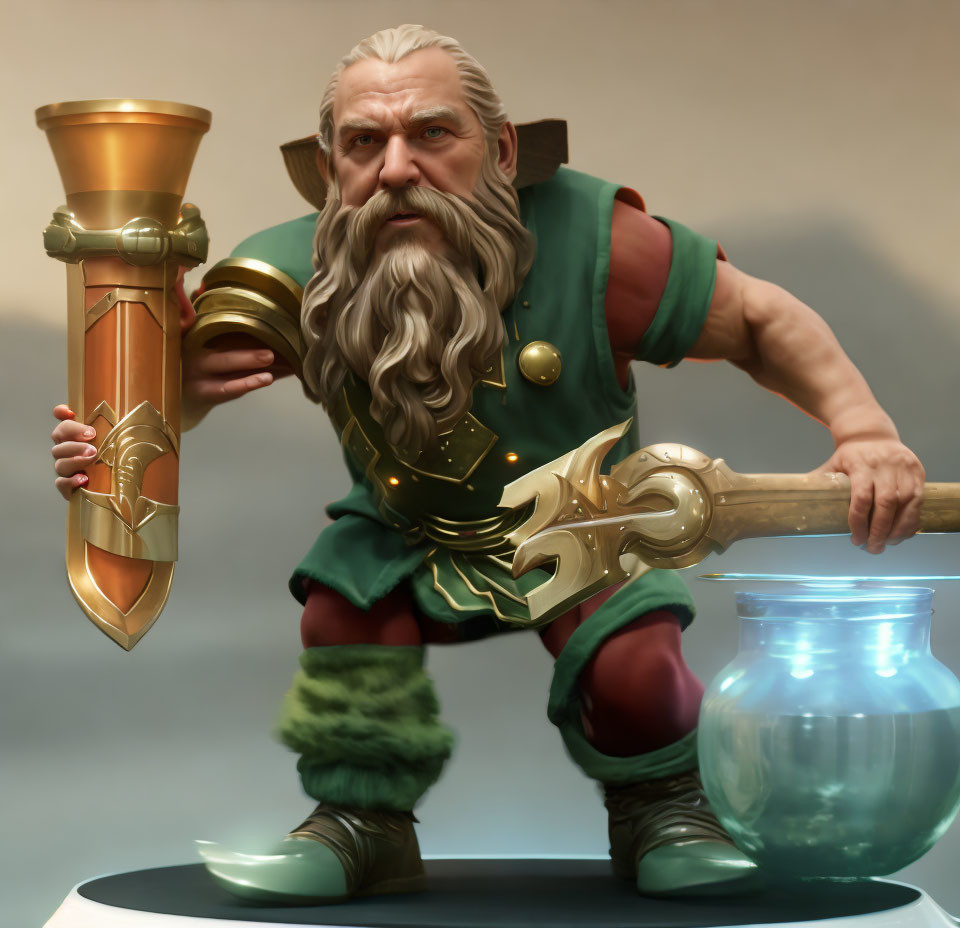 Bearded fantasy character in green and gold armor with majestic hammer