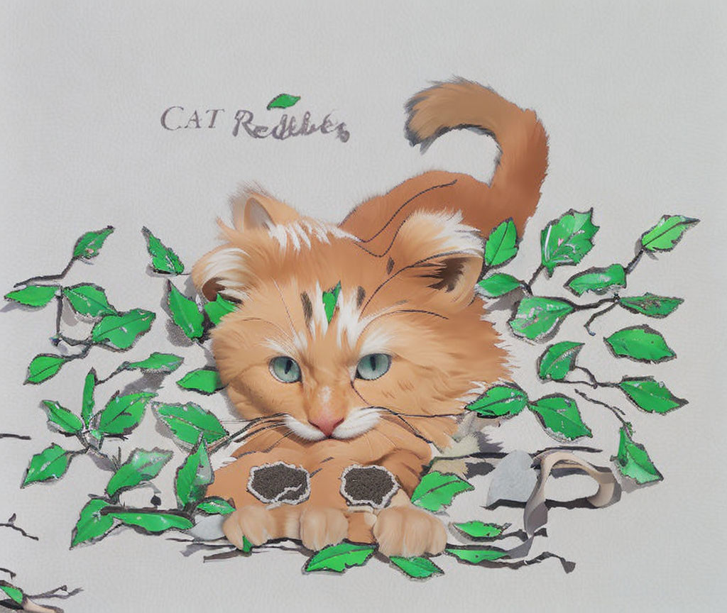 Digital Artwork of Fluffy Cat with Green Eyes Among Green Leaves
