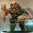 Bearded fantasy character in green and gold armor with majestic hammer