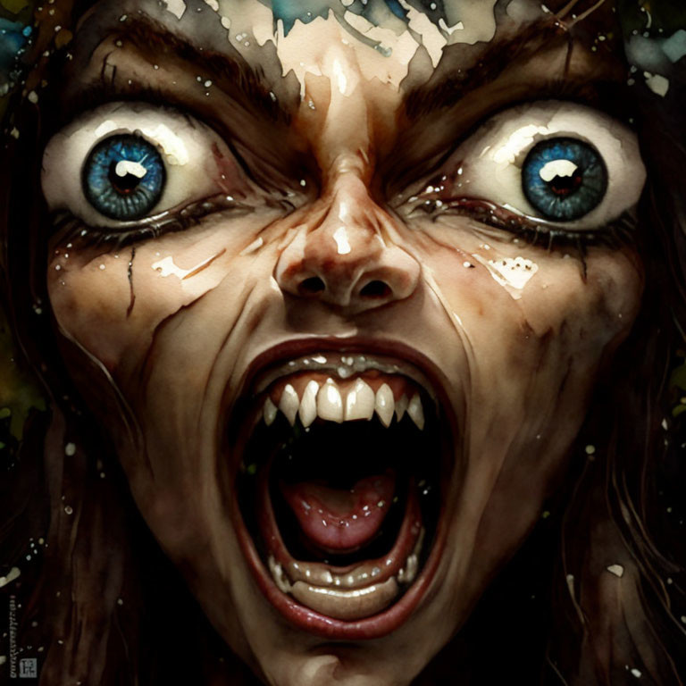 Illustration of person with blue eyes and gritted teeth, featuring a fierce expression and cracked, wet