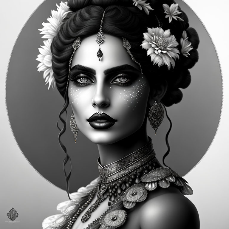 Monochrome portrait of woman with intricate jewelry and floral hair adornments