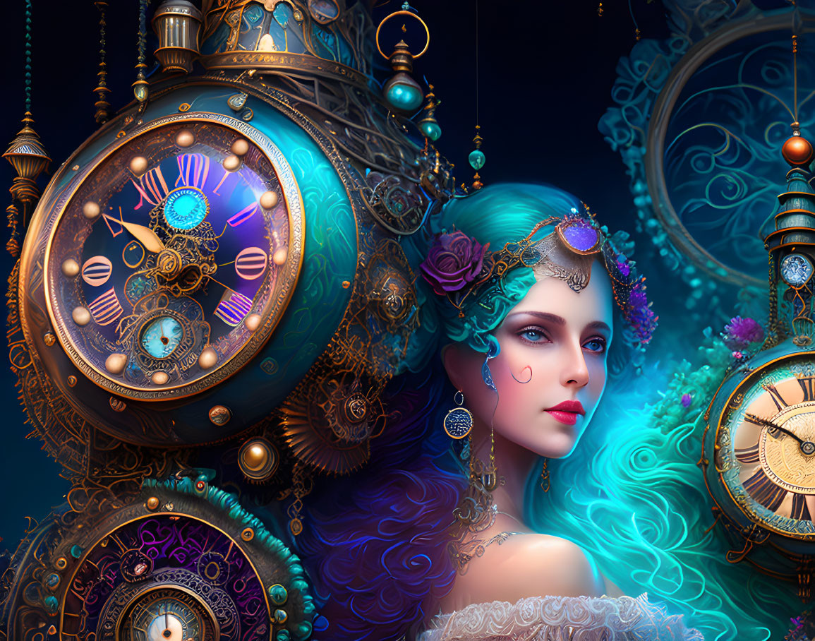 Teal-haired woman with intricate jewelry in steampunk clock setting