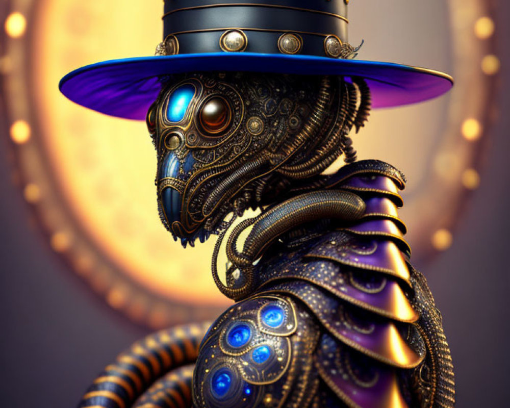 Steampunk-inspired mechanical owl with glowing blue accents and top hat