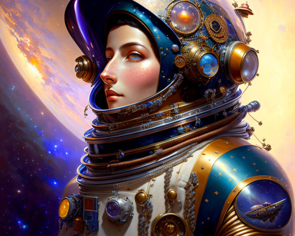 Detailed digital illustration: Woman in steampunk astronaut suit, cosmic background.