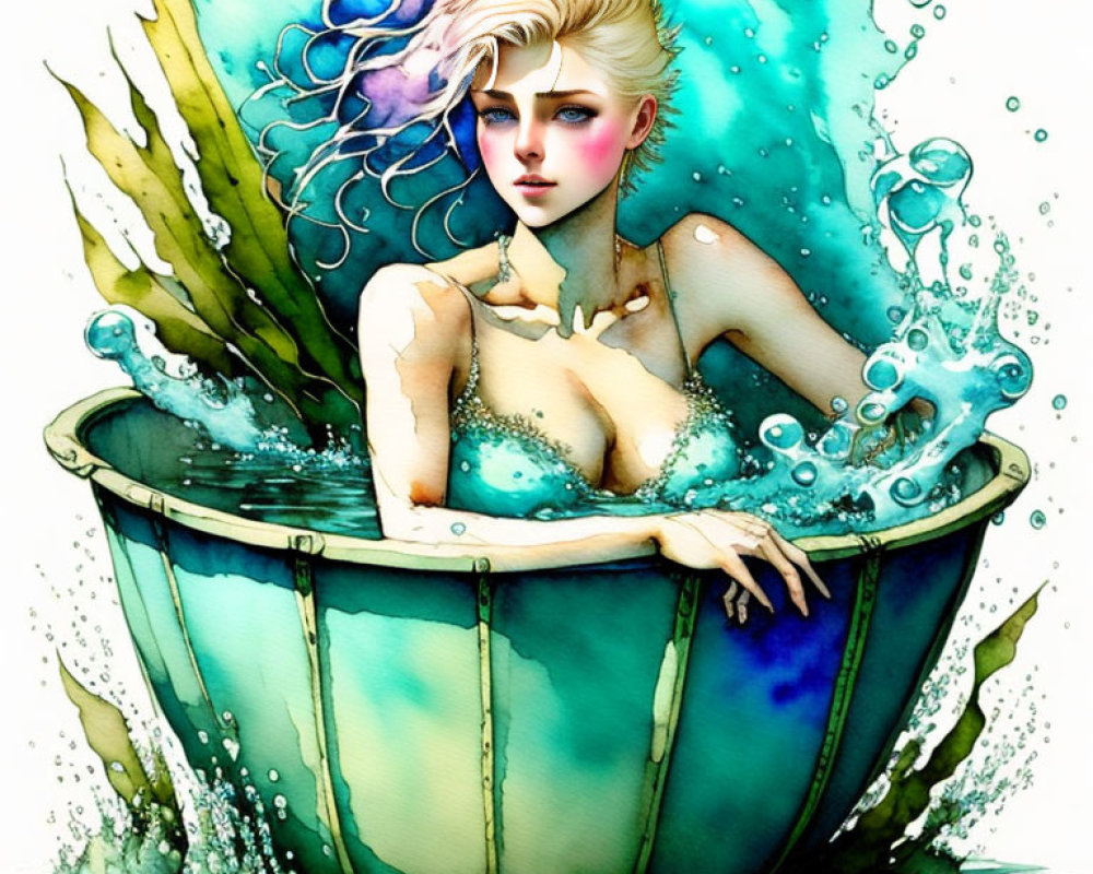 Blonde figure in green bathtub with water splashes