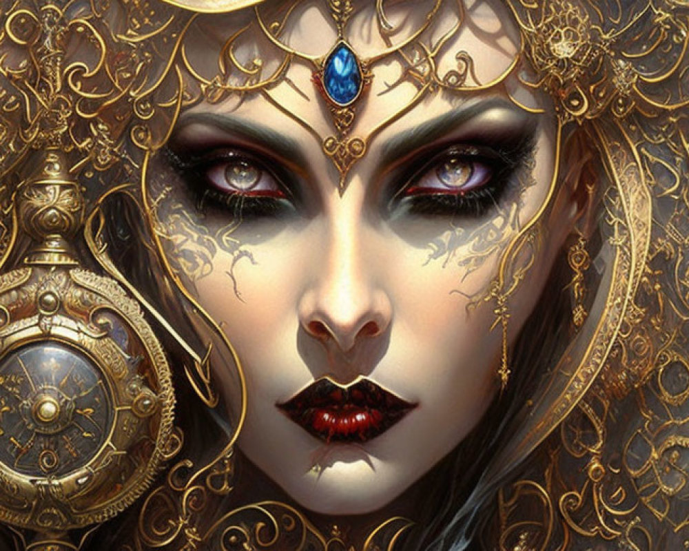 Intricate golden headdress on mystical female figure with piercing gaze and ornate facial markings.